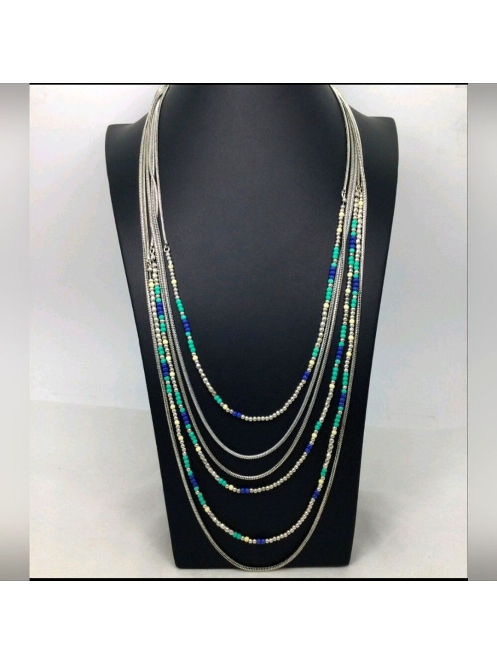 NWT Lucky Brand Blue Teal & White Beaded Multi Strand Necklace 32"